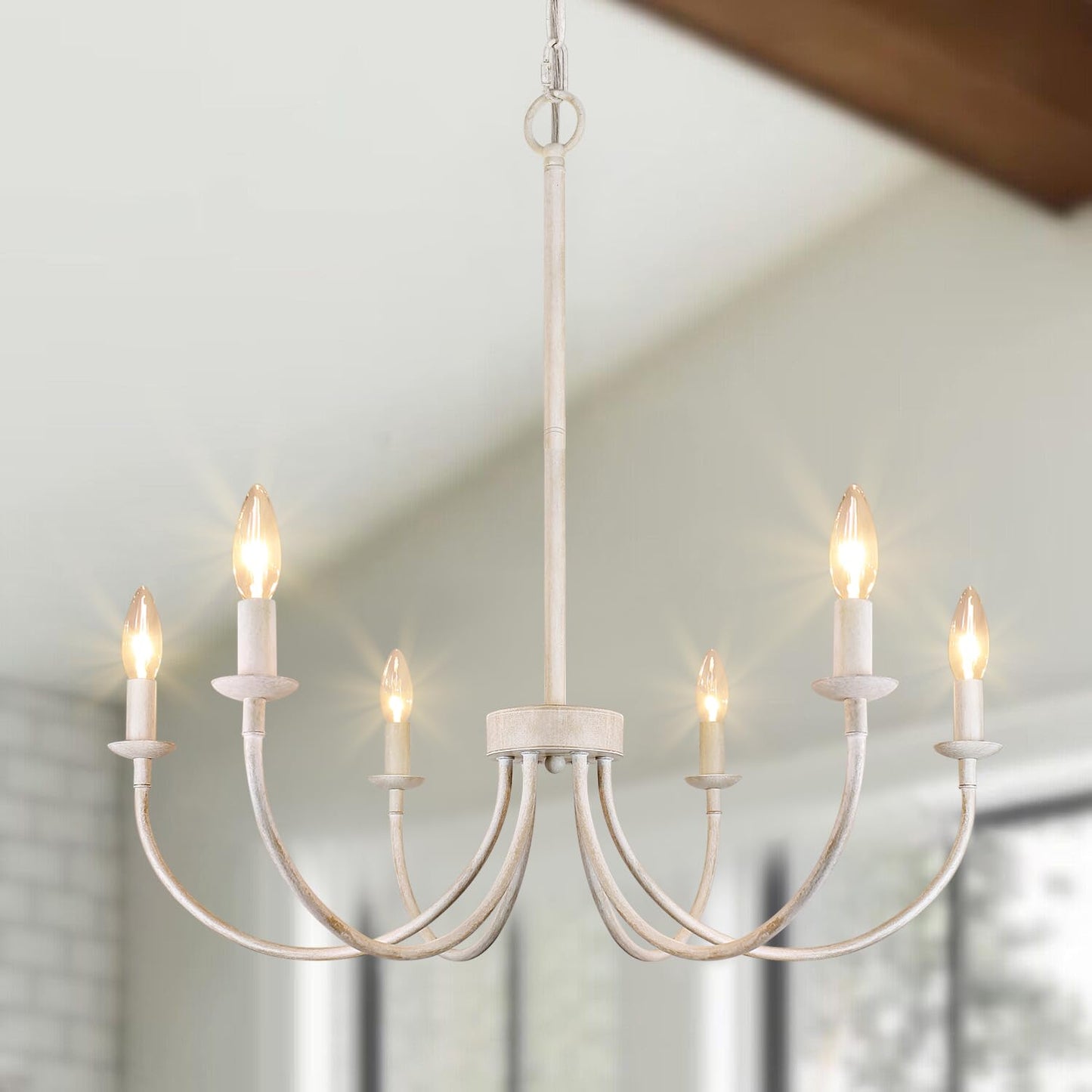 6-Light French Country Chandelier, Antique White Farmhouse Chandelier for Dining Room Lighting Fixtures Hanging, Industrial Mode