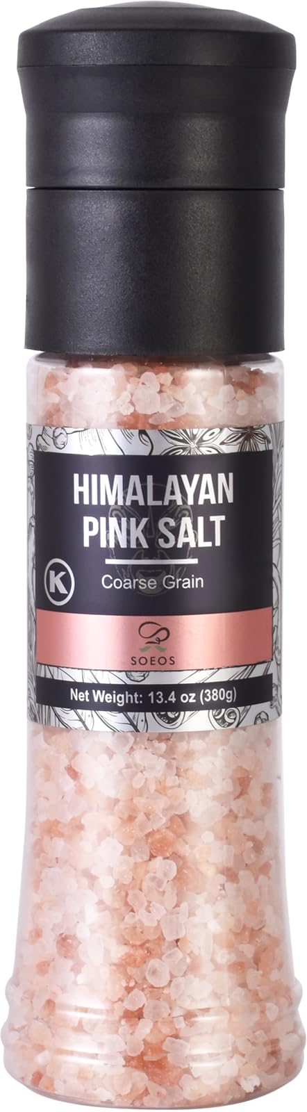 Soeos Salt Grinder Set Himalayan Pink Salt Coarse Grain Salt for Grinder Refill 13.4 Oz (380g) Refillable Plastic Bottle Rock Salt Kosher Salt Set (Pack of 1)