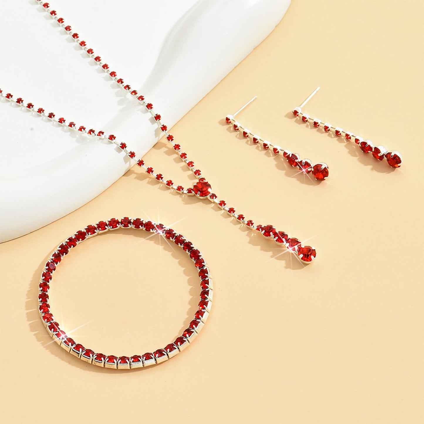 HUASAI Red Wedding Jewelry Sets for Brides Rhinestone Necklace Earrings Bracelet Set Bridal Costume Jewelry for Women Formal Wed
