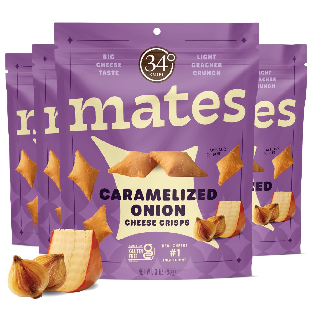 34 Degrees Mates Caramelized Onion Cheese Crisps - Light & Crispy Gouda Cheese Crackers | Gluten-Free, Low Calorie, Healthy Snac