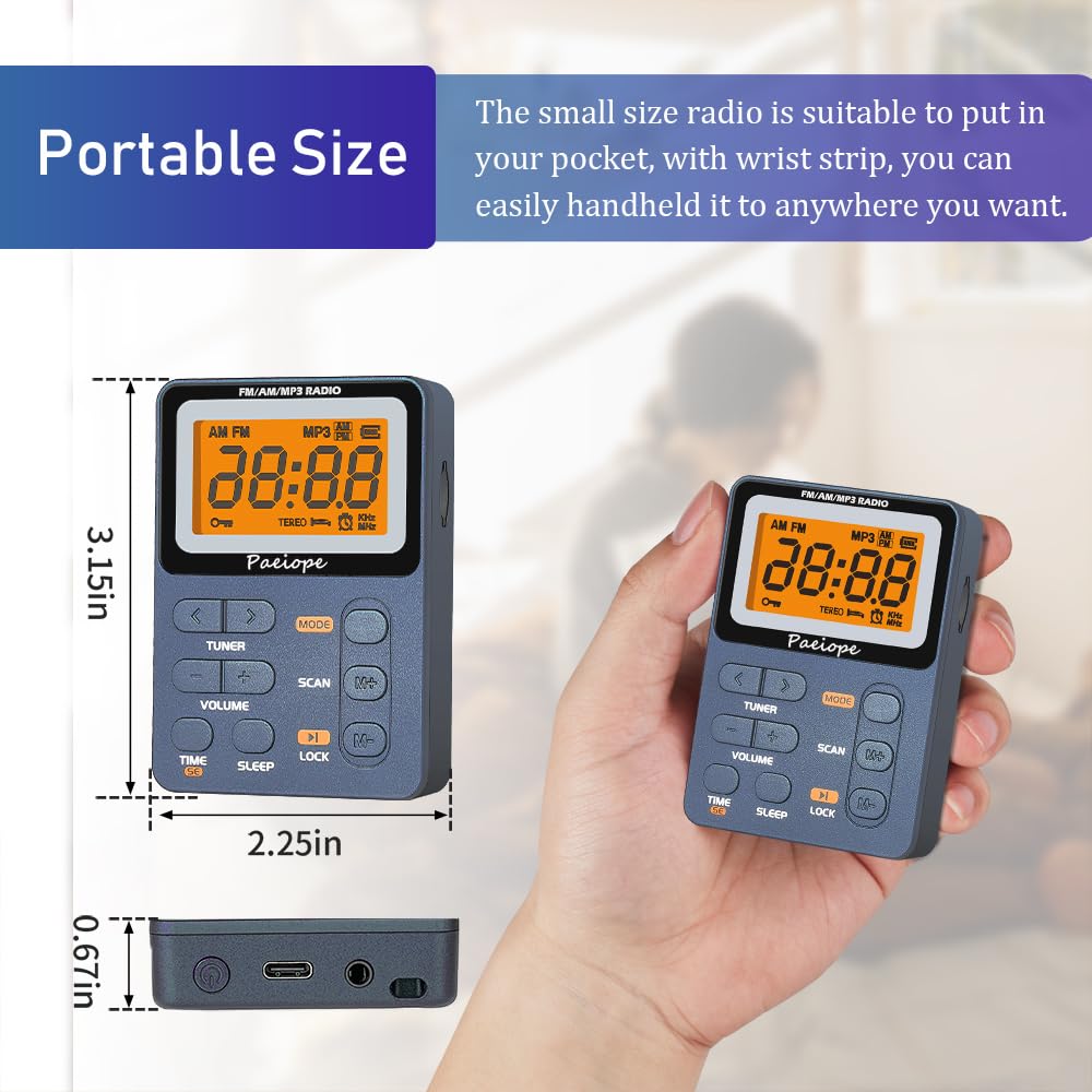 Paeiope Portable Radio Am Fm, Rechargeable Pocket Speaker With Best Reception Digital Tuning, Mp3, Stereo Earphone, Large Lcd Sc
