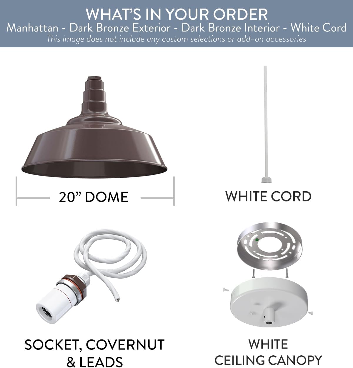 Steel Lighting Co. Manhattan Warehouse Light | Ceiling Mounted Pendant | 20 inch Dome | White Cord | Large Steel Barn Light Made in America | Dark Bronze Interior/Dark Bronze Exterior