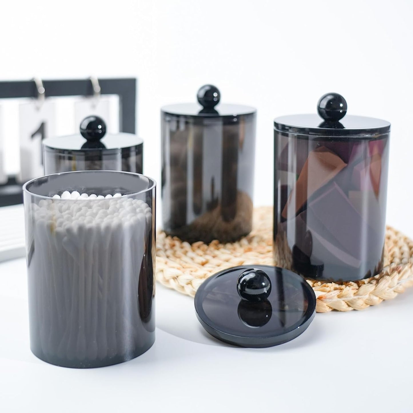 4 Pack Qtip Holder,Canister Apothecary Jar Set, Bathroom Jars with Lids Set for Cotton Swabs, Balls, Pads, Floss Picks,10oz-12oz Plastic Canisters Restroom Bedroom Vanity Organizer(Black)