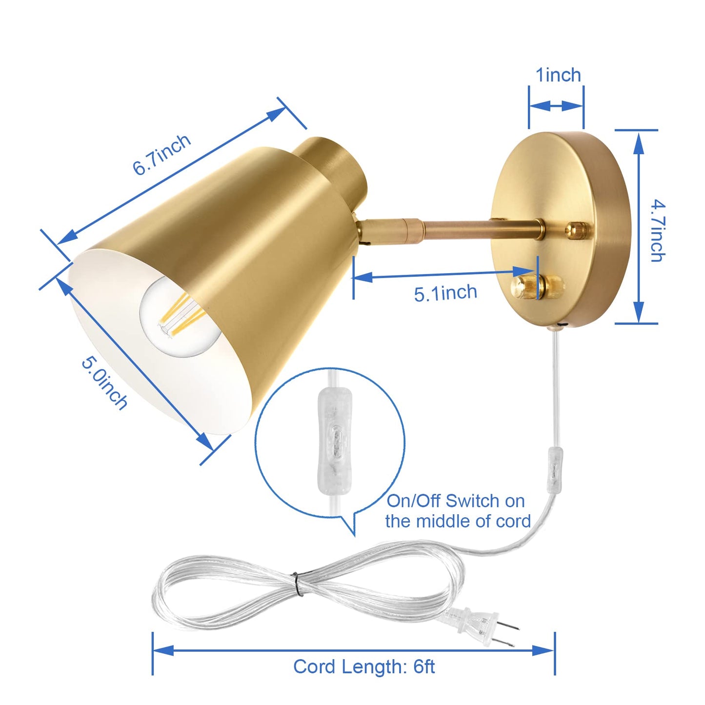 VATONI Dimmable Wall Sconce, Adjustable Angle, Brass, 1 Pack, Gold, Model Stlamp-Grs-1P