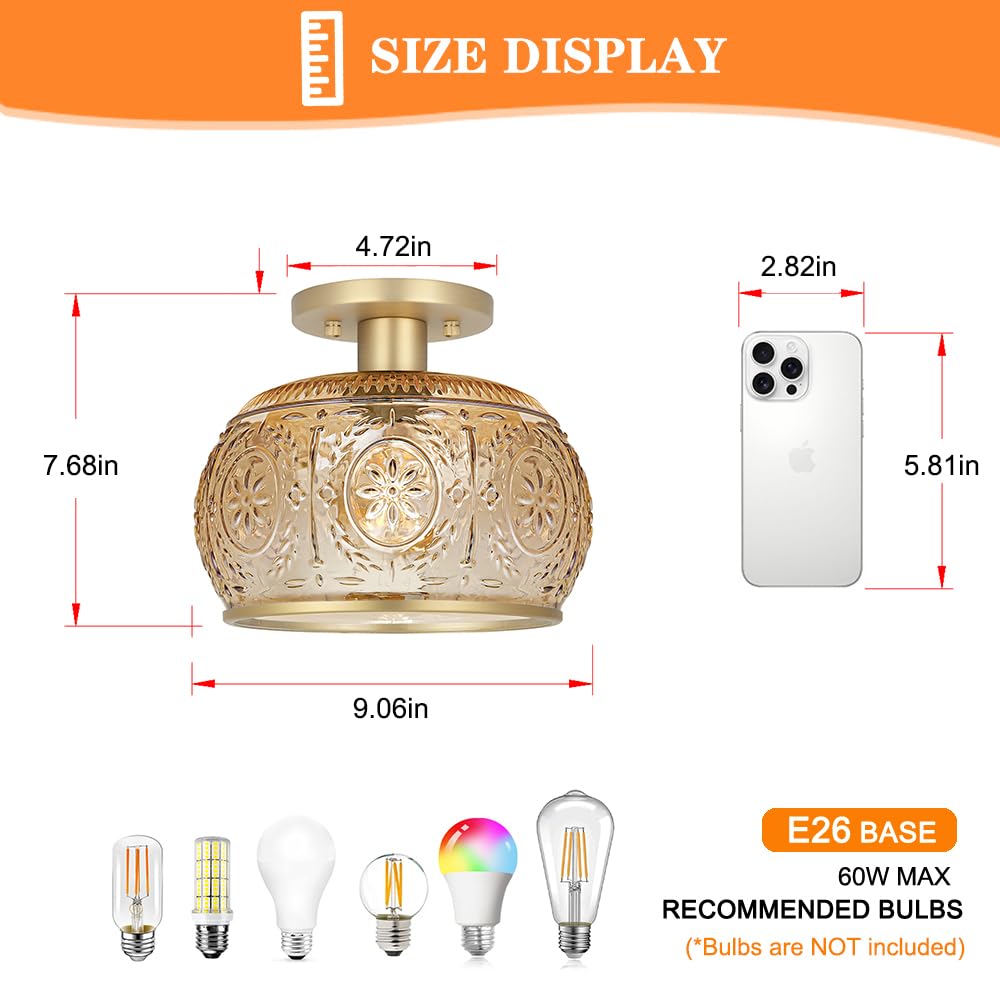 Oiyio Brushed Brass Semi Flush Mount Ceiling Light With Amber Globe Glass Shade Modern Hallway Lighting Fixtures Vintage Ceiling Light For Kitchen Bedroom Closet Entryway Porch