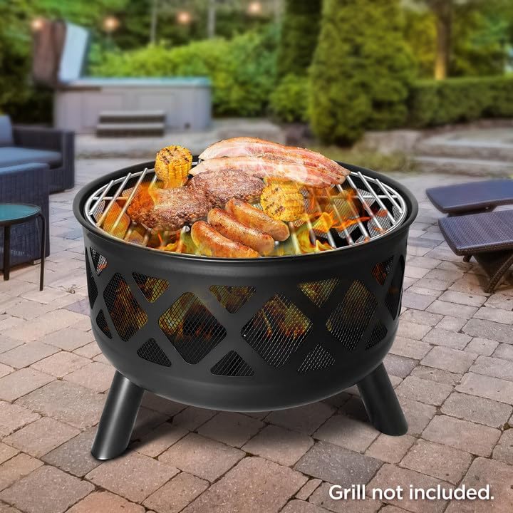Red Mountain Valley 24'' Outdoor Wood Burning Fire Pit with Spark Screen, Fire Poker, Cover, 2-in-1 Functionality Cross-Woven Steel Fire Pits for Outside, Outdoor Fireplace for Camping,Patio,Backyard