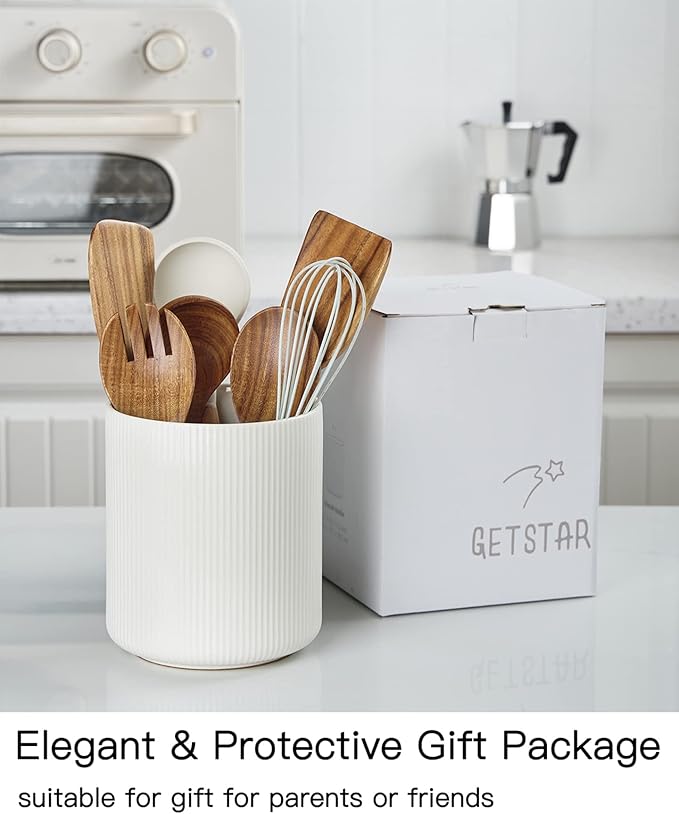 getstar Extra Large Kitchen Utensil Holder for Kitchen Counter (H7.2” x W6.2”), Ceramic Cooking Utensil Holder with Cork Mat (White, Large(7.2"))