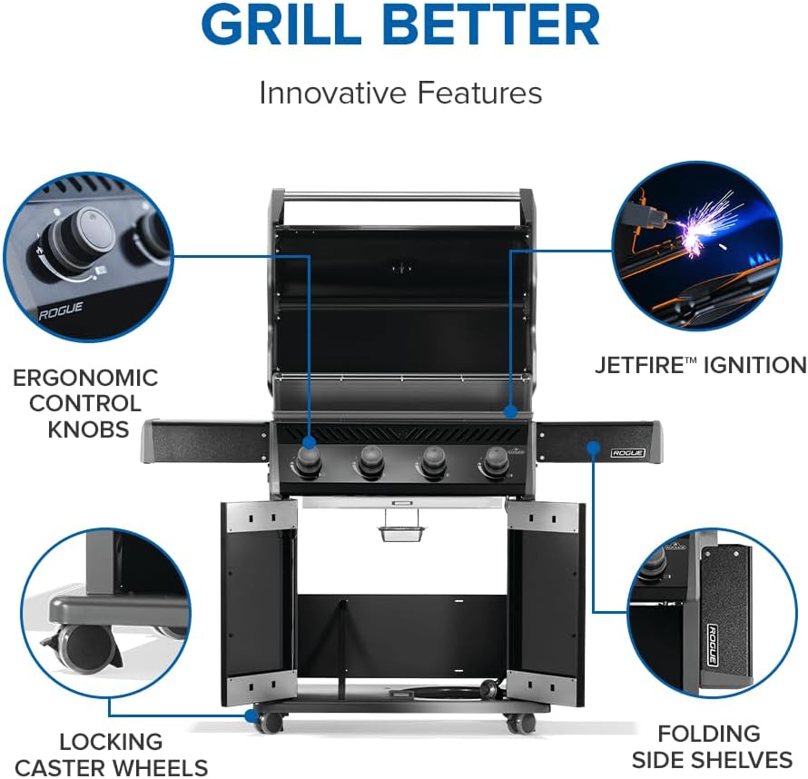 Napoleon Rogue 525 Propane Gas Grill, Black, Durable 4-Burner BBQ