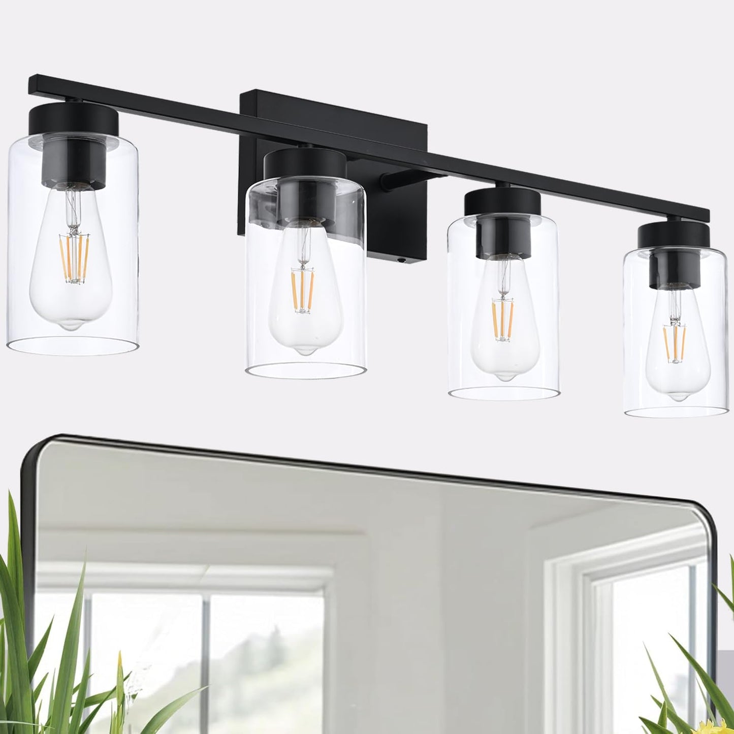 A1A9 4 Light Bathroom Vanity Light Fixtures, Matte Black, Clear Glass Shade, Model NF-22405BK