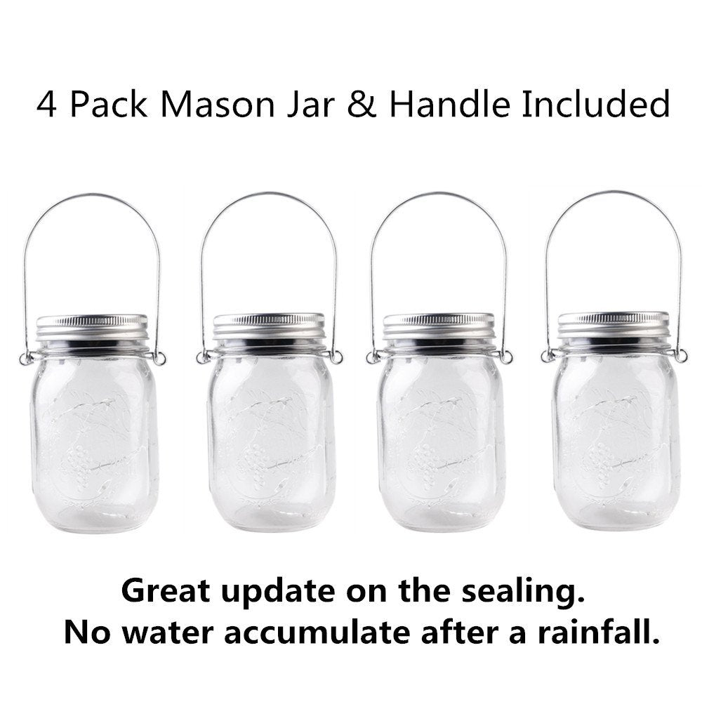 CHBJDAN Solar-Powered Mason Jar Lights, 4 Pack with Handles, Warm White, Model 43349-4067, Outdoor Hanging Lanterns