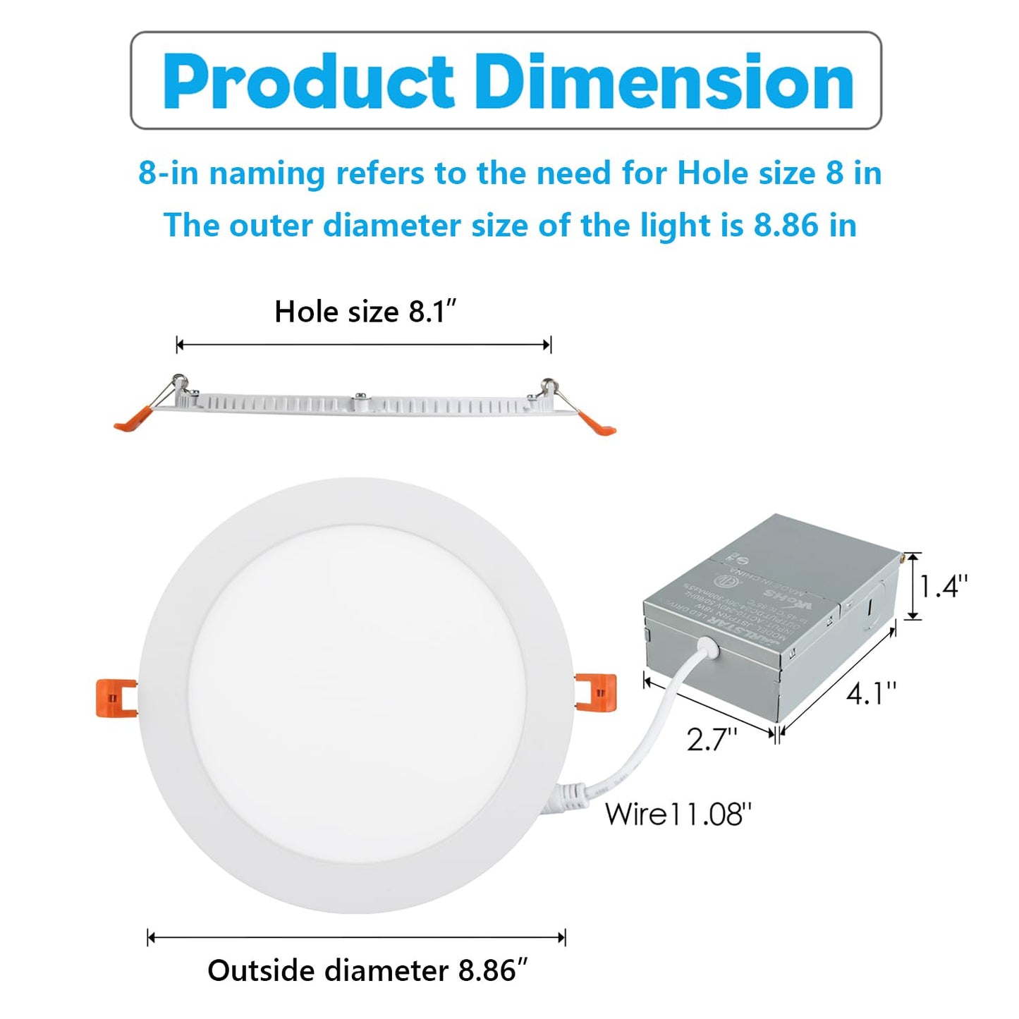 JARLSTAR 8 Inch LED Recessed Light, Ultra Thin, 6000K Daylight, 18W, Aluminum, Model JSTPRWN-18-6-1,