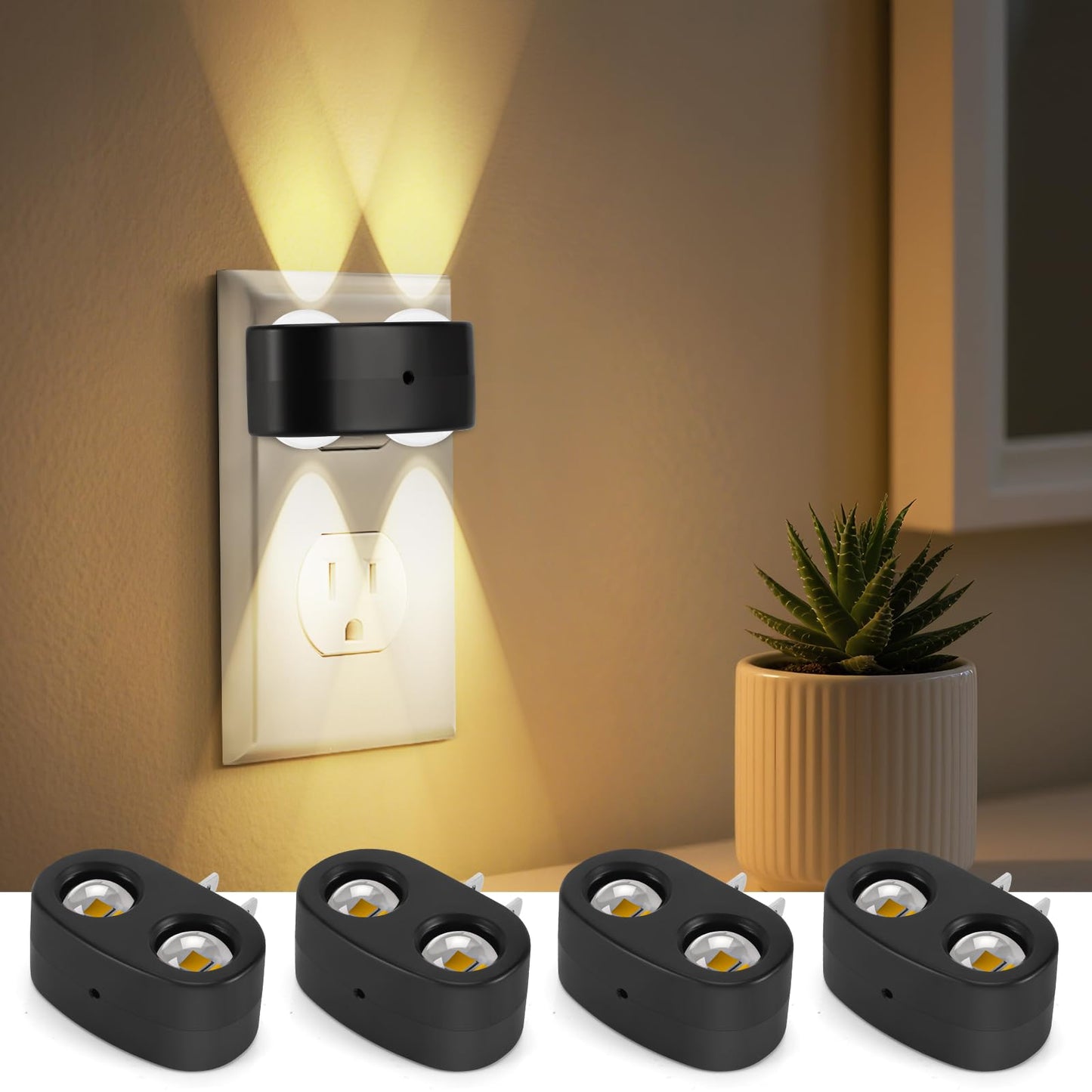 4-Pack LED Night Lights Plug into Wall, 2700K Soft White with Light Sensor, Ambient Lighting for Hallway, Bedroom, Bathroom, Nur