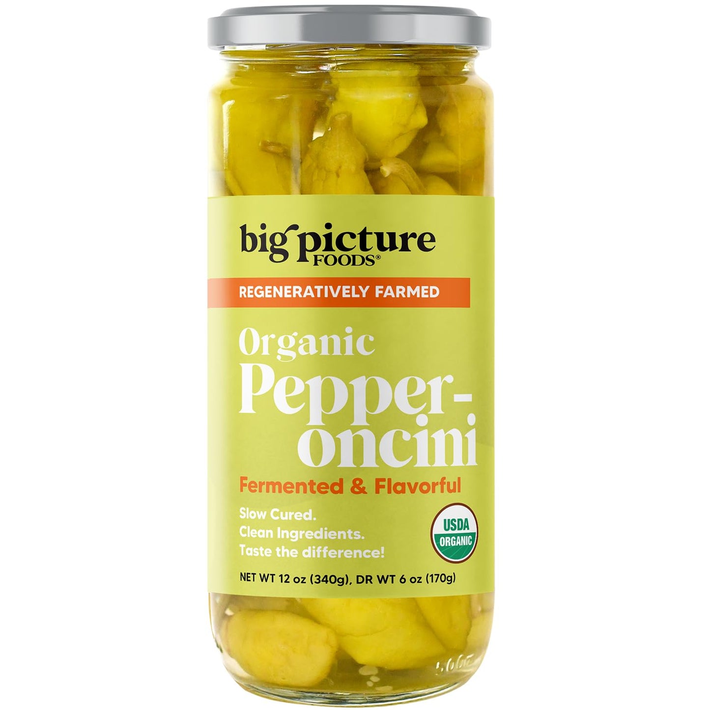 Big Picture Organic Pepperoncini/Whole in Jar - Zesty Macedonian Green Peppers for Antipasti Excellence! Whole Regeneratively Farmed and Bursting with Nutrients - Net Wt. 12oz (340g)