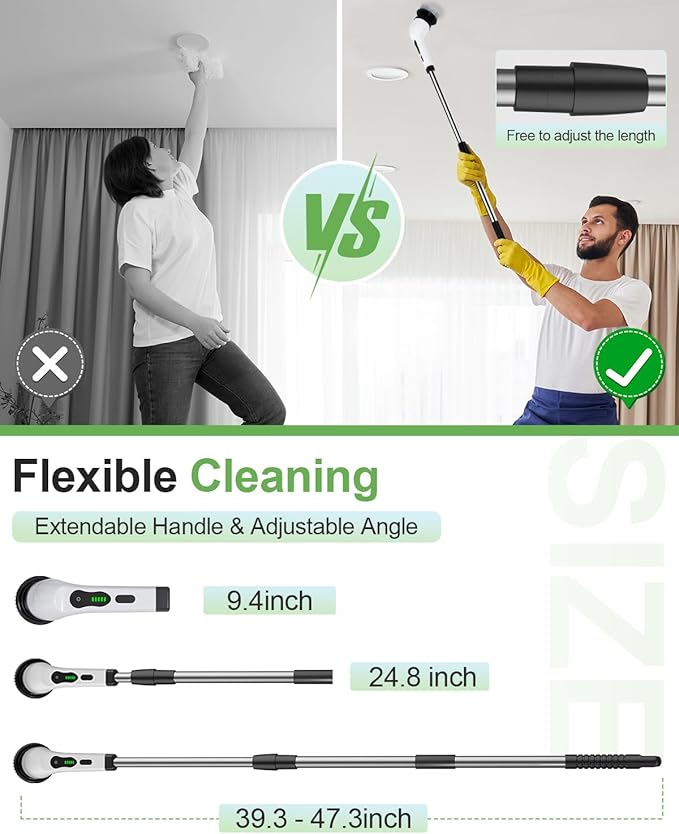 Electric Spin Scrubber, Cordless Cleaning Brush, Shower Scrubber with 9 Floor Machine Pads, 2H Power Dual Speed, Adjustable Extension Handle, IPX7 Waterproof for Floor Carpet Tub Tile Car, O-White.
