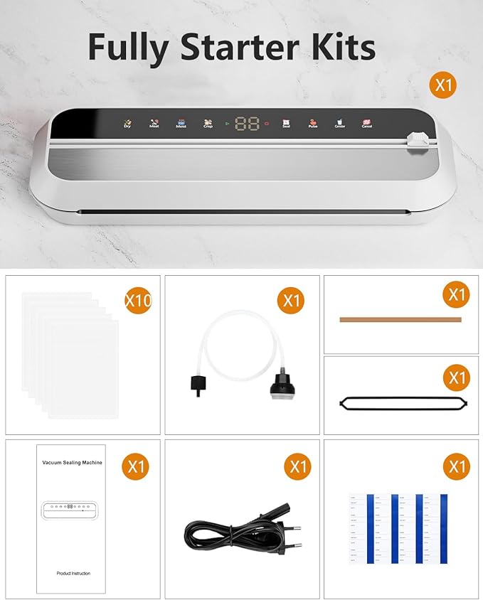 Vacuum Sealer, 8-in-1 Vacuum Sealer For Food, 100W, Digital Timer, Moist&Dry Mode and External VAC for Containers, Built-in Cutter & 10 Vacuum Bags (White)