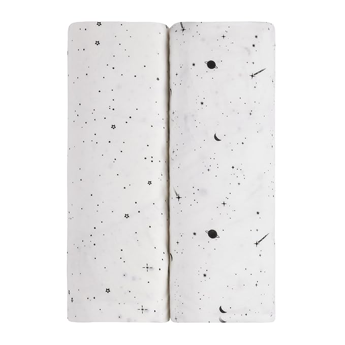 Ely’s & Co. Pack and Play Sheets, for Mini/Portable Crib, 2 Pack Fitted Playpen Play Yard Sheet Set Compatible with Graco Pack n Play, 100% Cotton, Black and White Celestial, 38”x24”x5”