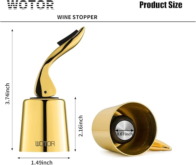 WOTOR Stainless Steel Wine Bottle Stoppers with Silicone - Reusable Wine Saver and Decorative Bottle Sealer, Leakproof, Keep Fresh, Gold, 2 Pack