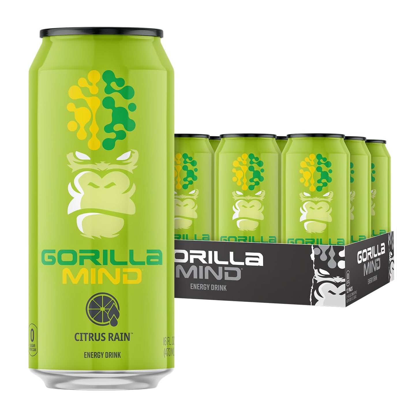 Gorilla Mind Energy Drink | Unmatched Energy Amplified Focus | N-Acetyl-L-Tyrosine Alpha-GPC 200mg Caffeine Uridine Saffron | 0 Sugar Or Artificial Colors | 16oz 12-Pack (Citrus Rain)