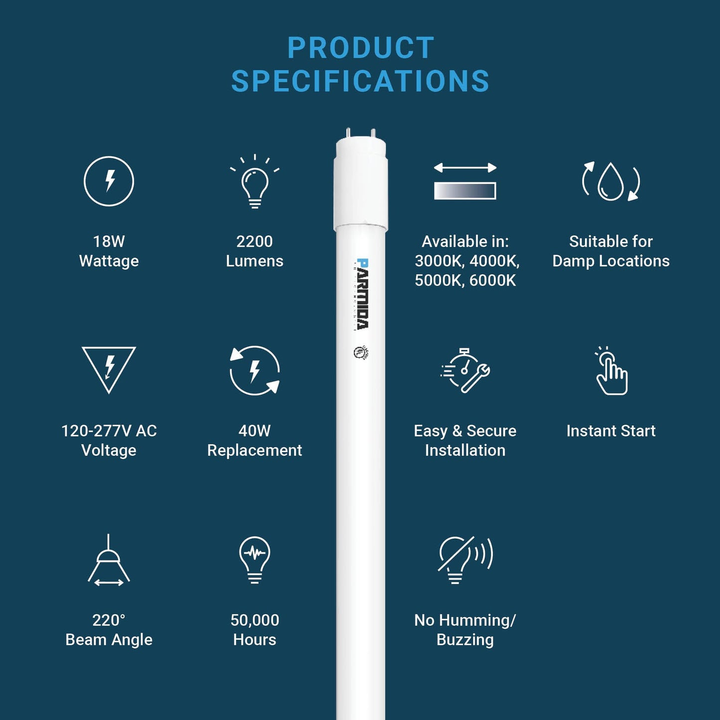 PARMIDA 20-Pack 4FT LED T8 Hybrid Type A+B Light Tube, 18W, Plug & Play or Ballast Bypass, Single-Ended OR Double-Ended Connection, 2200lm, Frosted Cover, T8 T10 T12, UL - 5000K