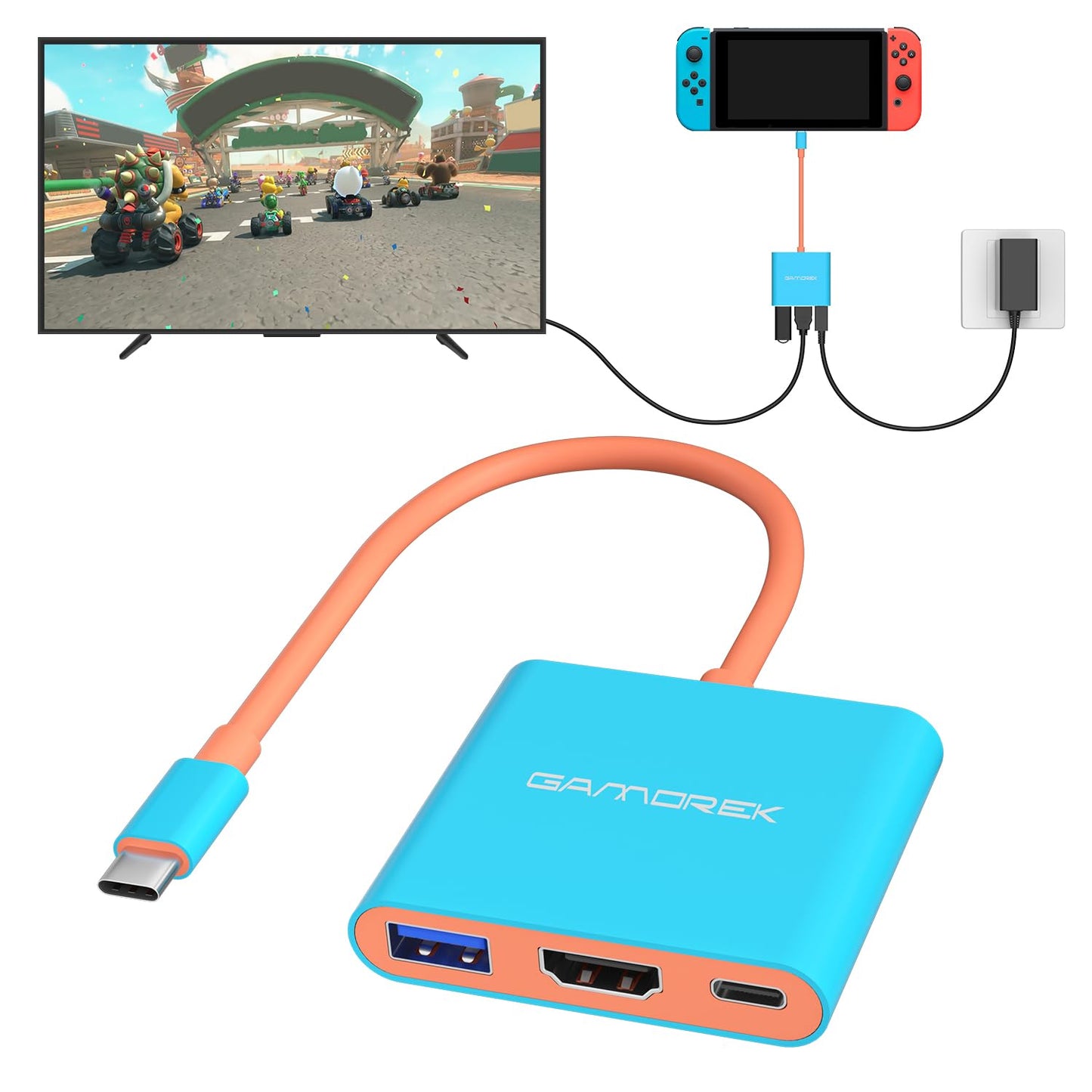 GAMOREK Switch TV Dock for Switch/Switch OLED, Portable TV Docking 3-in-1 USB C Hub with 4K@60Hz HDR, USB-A Port,100W Fast Charg