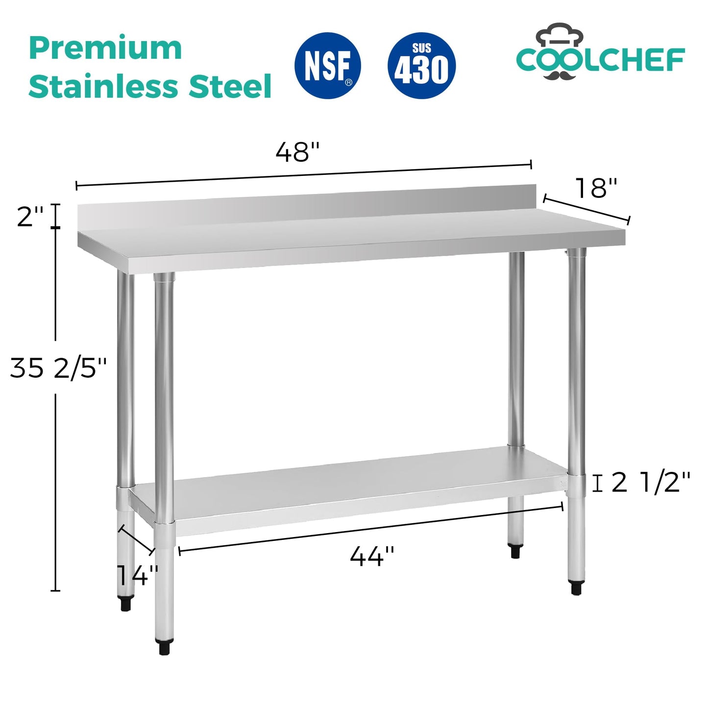 okeyolive Stainless Steel Work Table 18 x 48 Inch, NSF Commercial Prep Table with Undershelf, Heavy Duty Food Prep Workstation with Backsplash