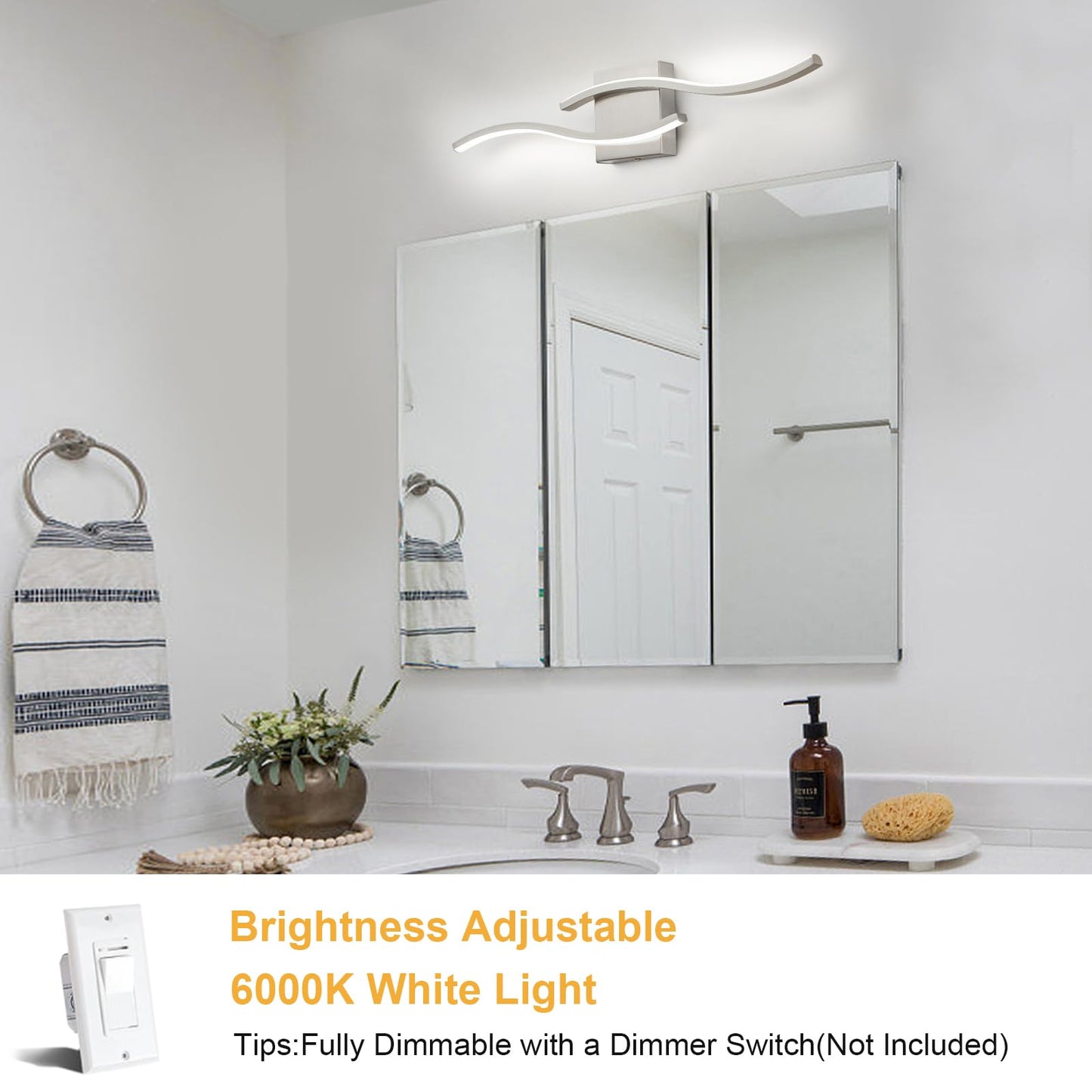 Huoku Modern Bathroom Light Fixtures 23.6Inch Dimmable Brushed Nickel Bathroom Vanity Lights Over Mirror 15W Aluminum Wall Sconce Lighting Fixtures For Living Room 6000K White Light