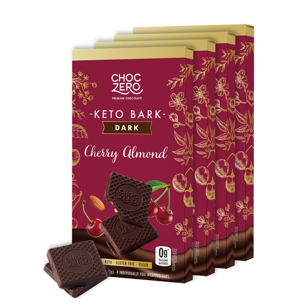 ChocZero Dark Chocolate Cherry Almond Bark Sugar Free Vegan Low Carb High Fiber Keto Friendly No Sugar fermented-style flavors (4 Count 3.2oz Boxes)