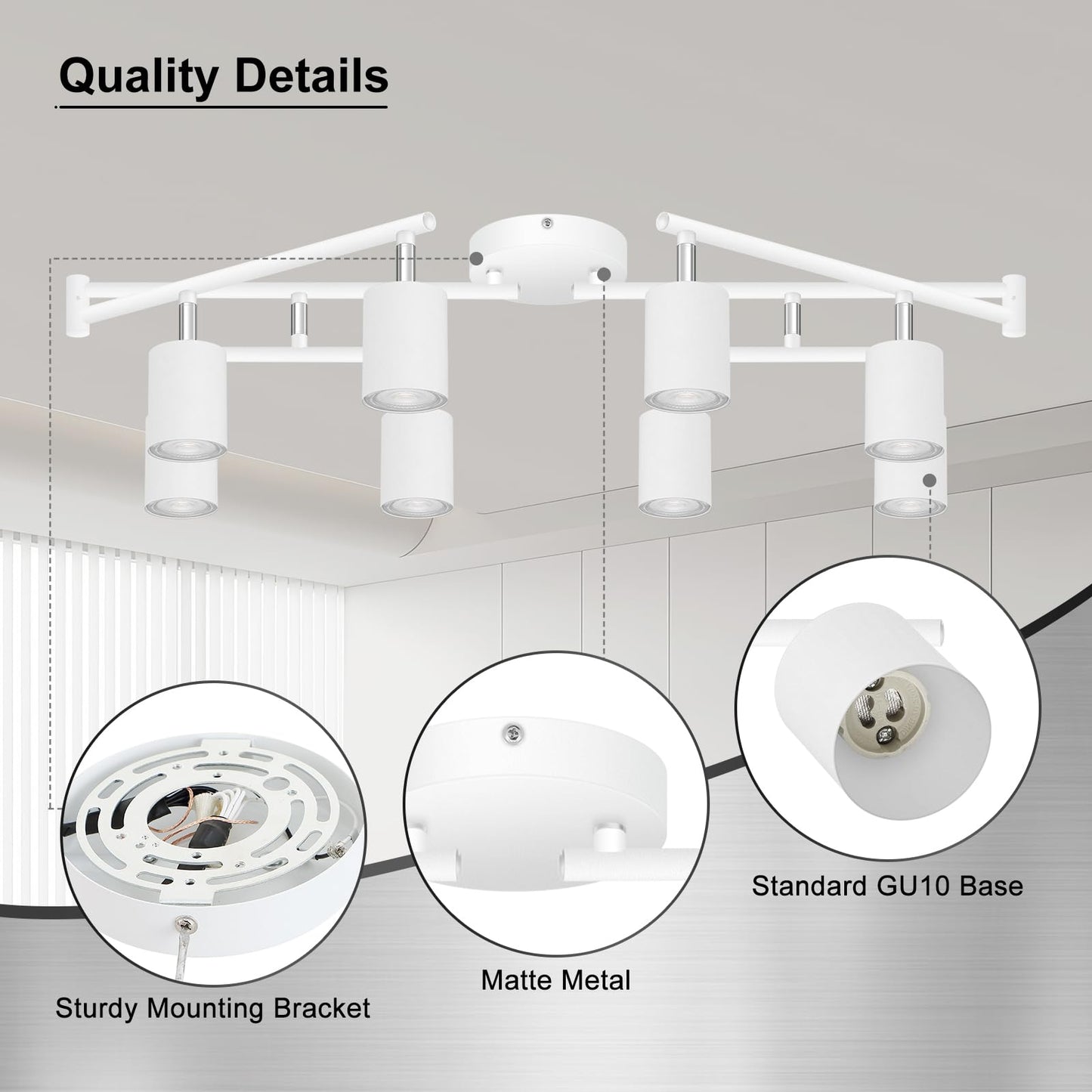 Auquee 8 Light Track Lighting Fixtures Ceiling Matte White Kichen Track Lighting Fixtures Rotatable Light Heads Adjustable Modern Led Track Lights For Kitchen/Hallway No Gu10 Bulb