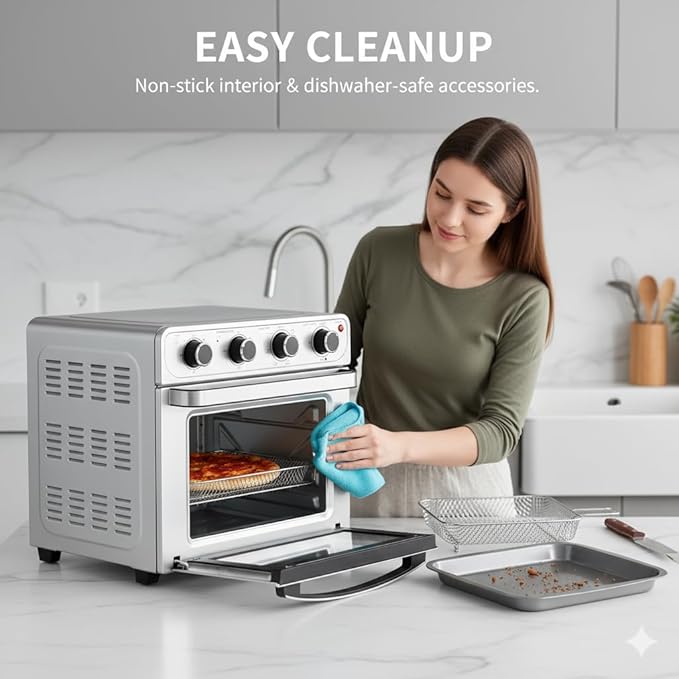 HealSmart 4-in-1 Air Fryer Toaster Oven Combo, 26.4QT Large Capacity Countertop Convection Oven Includes Baking Pan & Fry Basket, Stainless Steel