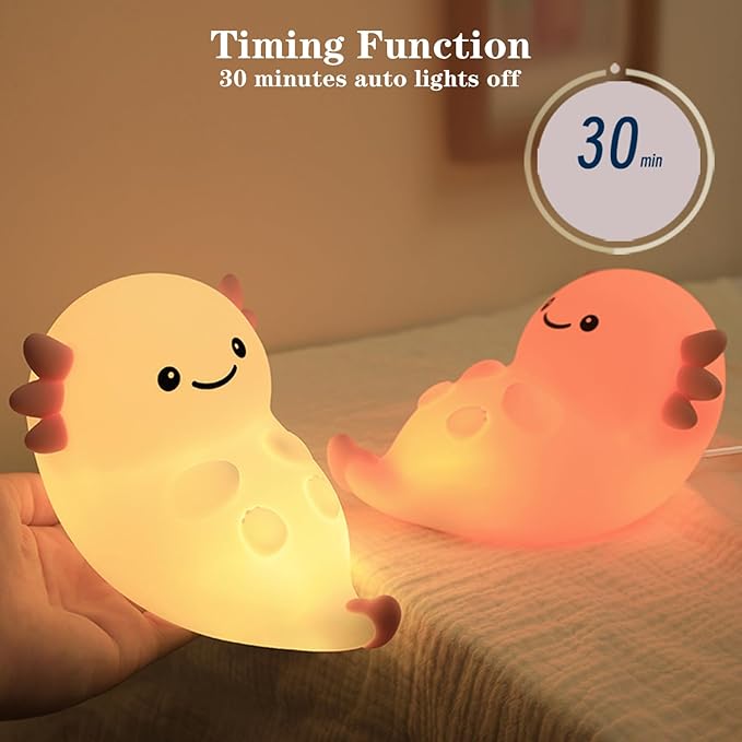 Cute White Axolotl Night Light, LED Squishy Night Lamp, Dimmable Timer Nursery Nightlight for Kids, Rechargeable Touch Lamp, Dorm Decor, Kids Funny Gifts(White Axolotl)