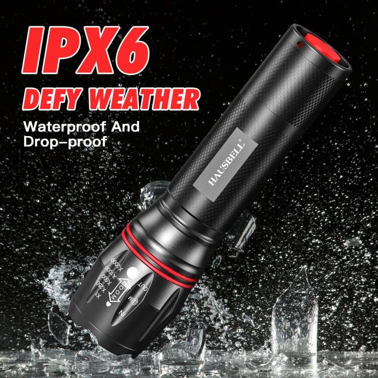 HAUSBELL T8 LED Flashlight, Zoomable, 5 Modes, Aluminum, 4 Pack