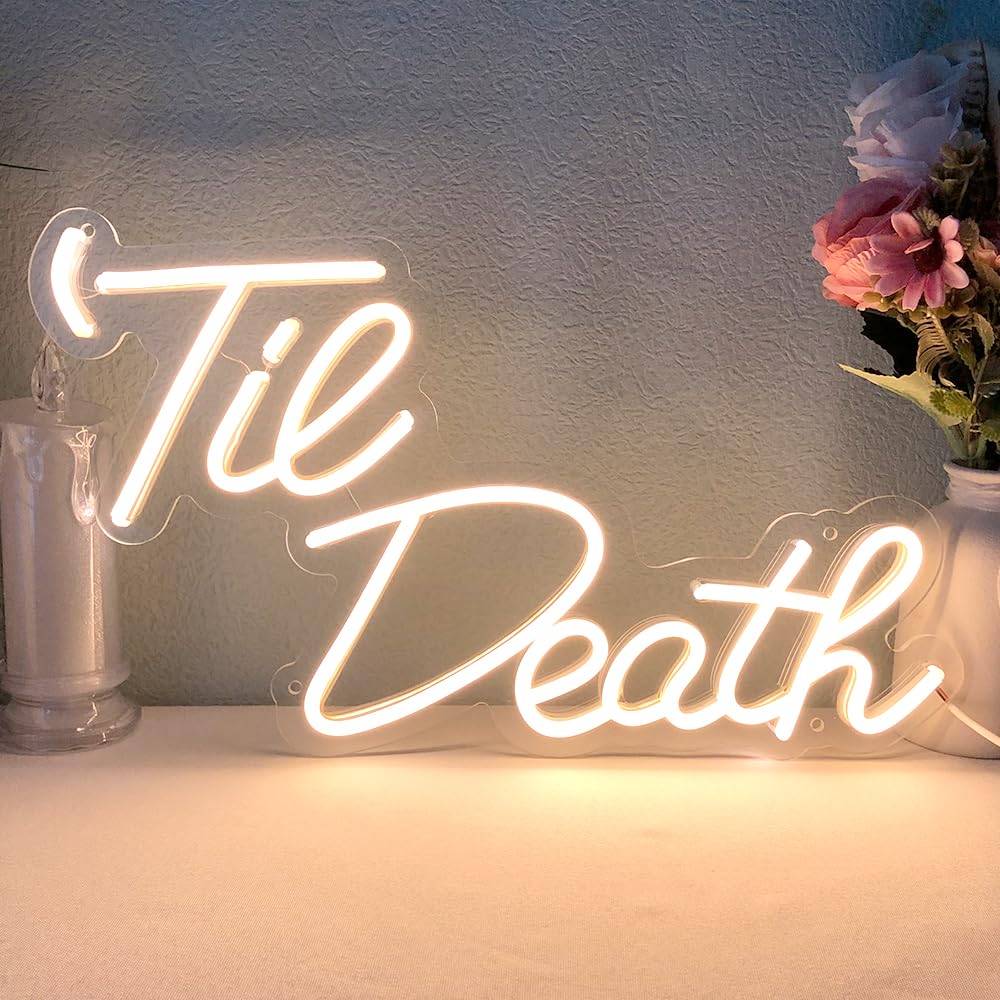 Jxin Til Death Neon Sign For Wall Decor Led Light Signs For Wedding Engagement Birthday Anniversary Proposal Party Bedroom Office Wedding Gifts For Loved Ones 16X9 Warm White