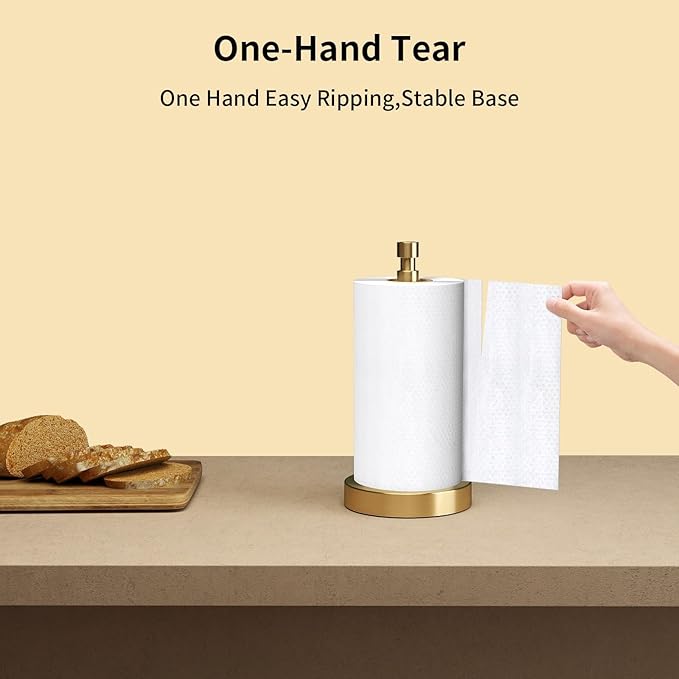 Paper Towel Holder Countertop, Paper Towel Holder with Weighted Base Non Slip, Standing Paper Towel Roll Holder for Kitchen Bathroom, Easy One-Handed Operation, Stainles Steel (Gold)
