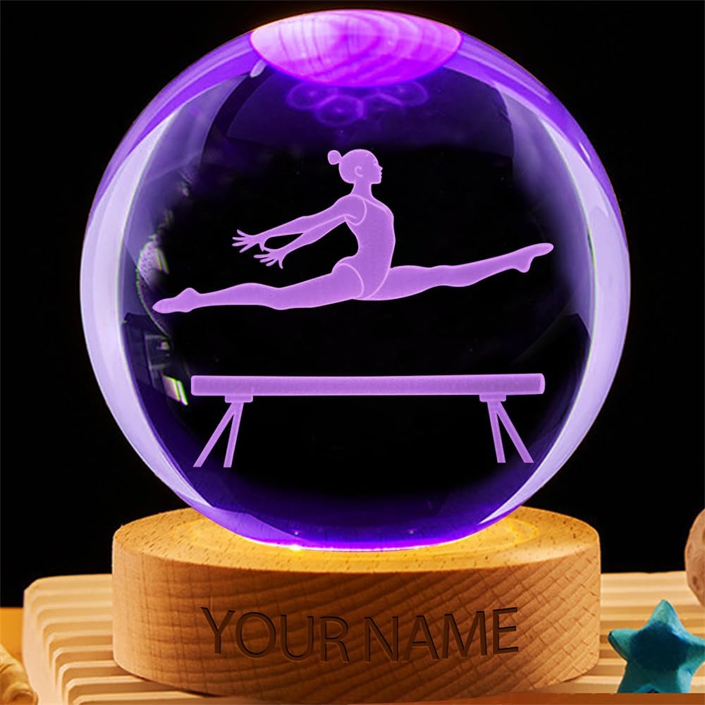 Personalized Gymnastics Crystal Night Light Gift for Women, Custom Name/Number Gymnastics Player 3D Crystal Ball Night Light Lamp for Bedroom Room Sports Decor Party Bar Christmas Birthday Gift