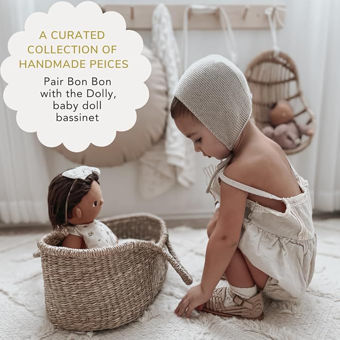BEBE BASK Small Premium Rattan Baby Doll Bed 17 x 10 x 7,5 in –Handcrafted & Award-Winning - Perfect First Wooden Doll Bed - Luxe Mattress (Small)