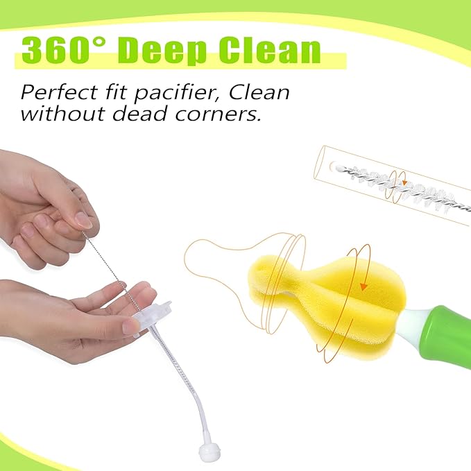 INVODA Nipple Brush 4PCS Sponge Bottle Brushes with 4 PCS Straw Brush Baby Bottle Nipple Cleaner Brush Long Handle Detachable Nipple Brushes (Yellow)