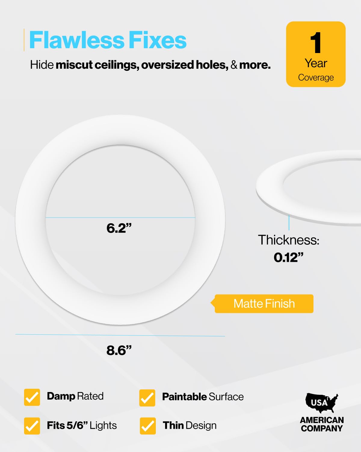 Sunco 100 Pack Goof Rings for 6 Inch Recessed Lights, Flush Mount White Can Light Trim Ring Cover, Outer Diameter 8.6 Inch, Inner Diameter 6.2 Inch, Paintable Surface, Matte Finish.