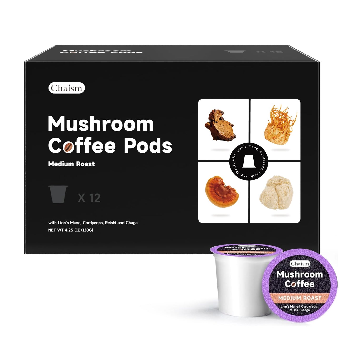 Chaism Mushroom Coffee Pods - Arabic Coffee with Lions Mane Cordyceps Reishi Chaga for Focus & Energy Boost Sugar-Free Fat-Free 12 K Cups (12 Counts Medium Roast)