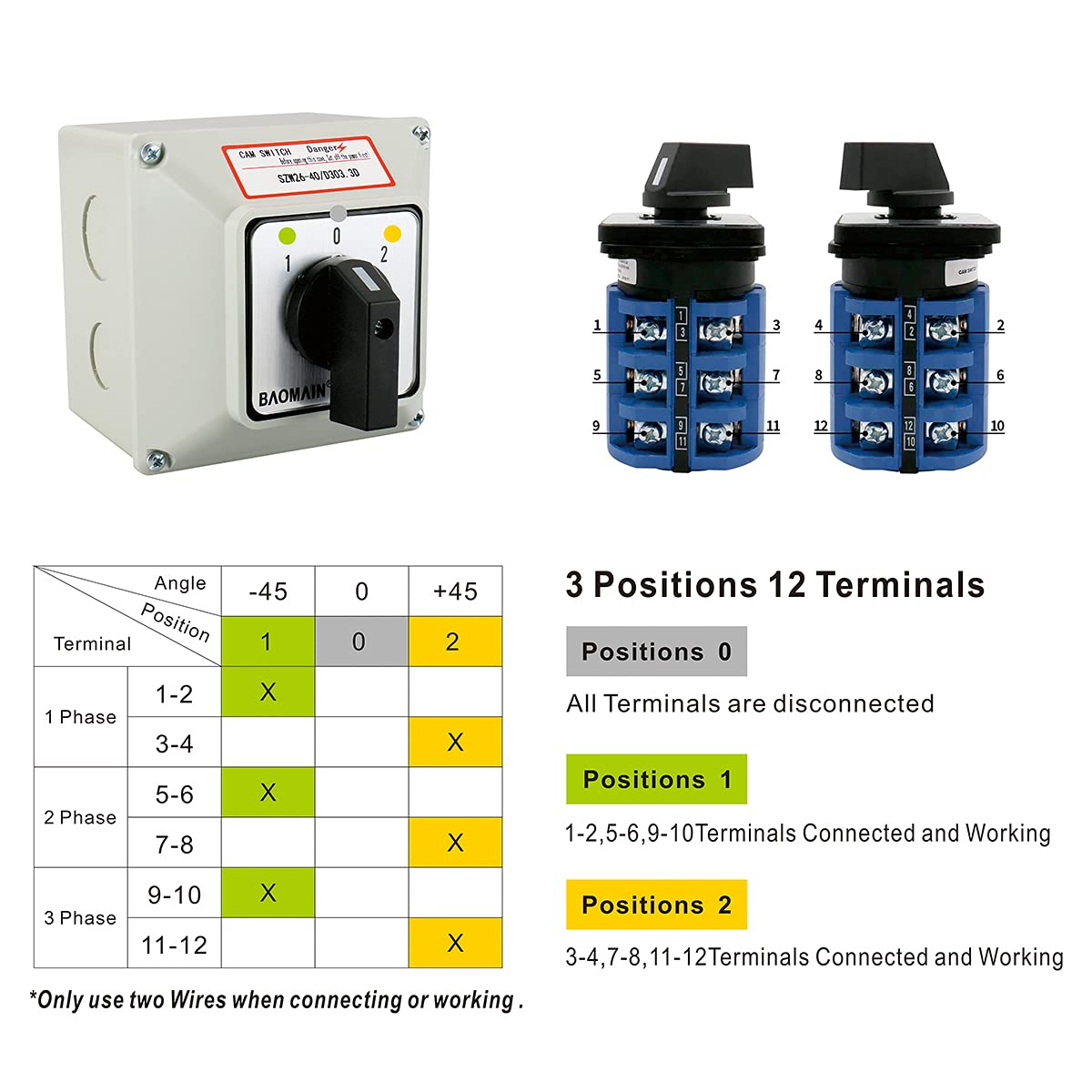 Baomain Universal Rotary Changeover Switch SZW26-40/D303.3D with Master Switch Exterior Box 660V 40A 3 Position 12 Terminals 3 Phase