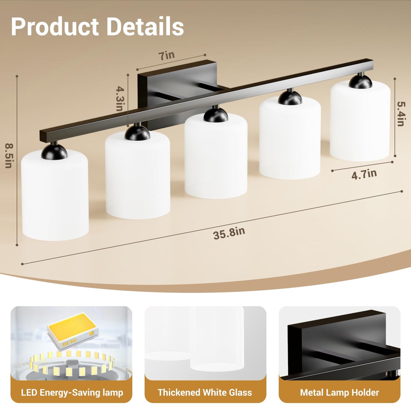 Quntis 5-Light LED Bathroom Vanity Light Fixtures, Adjustable Colors, Milky White Frosted Glass, Black, 35.8 inch, Model 79459bb7-b015