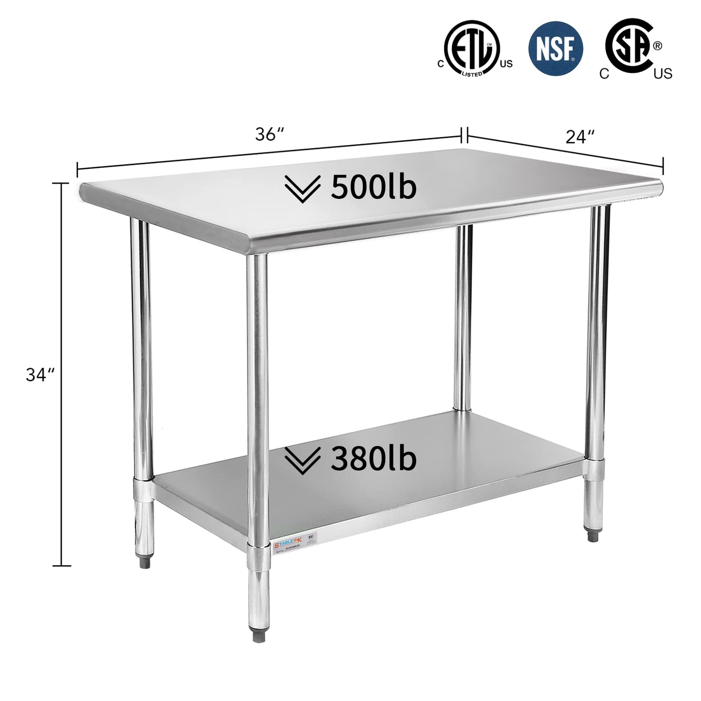 STABLEINK NSF Stainless Steel Table, 24 x 36 Inches Metal Prep & Work Table with Adjustable Undershelf, for Commercial Kitchen, Restaurant, Hotel and Garage,Stainless Steel prep Table Work Table