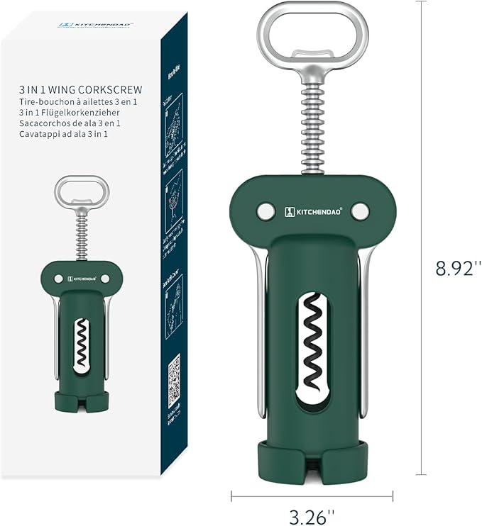 KITCHENDAO 3 in 1 Wing Corkscrew Wine Bottle Opener with Foil Cutter, Built-in Beer Bottle Opener, Multifunctional Wine Opener with Non-Stick Sharp Screw,Easy to Use, Manual Wine Corkscrew,Green