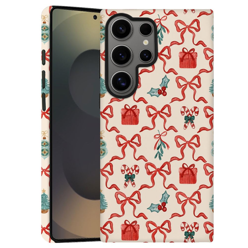 TnXee Case for Samsung Galaxy S24 Ultra,Red Green Christmas Tree Scroll Bow Phone Case Drop Resistant Frosted 2 in 1 Solid Dual-