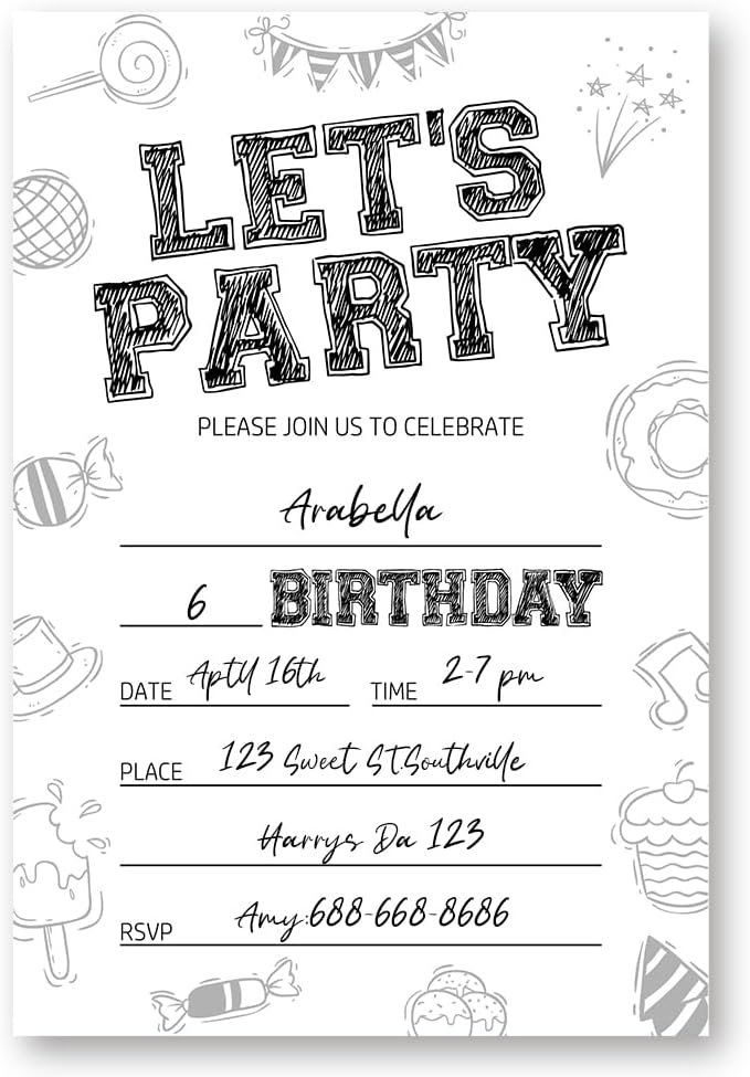 Birthday Invitations with Black and White Design, Birthday Invitations for Boys Teens Kids Girls, Birthday Invitations, Birthday Party Invitations. (Let's Party (082))
