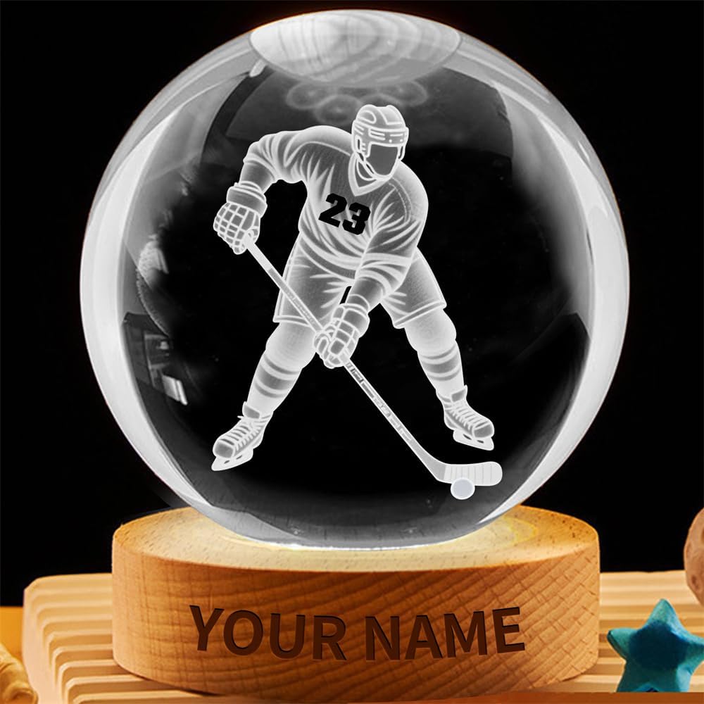 Personalized Ice Hockey Crystal Night Light Gift for Men Women, Custom Name/Number Hockey Player 3D Crystal Ball Night Light Lamp for Bedroom Room Sports Decor Party Bar Christmas Birthday Gift
