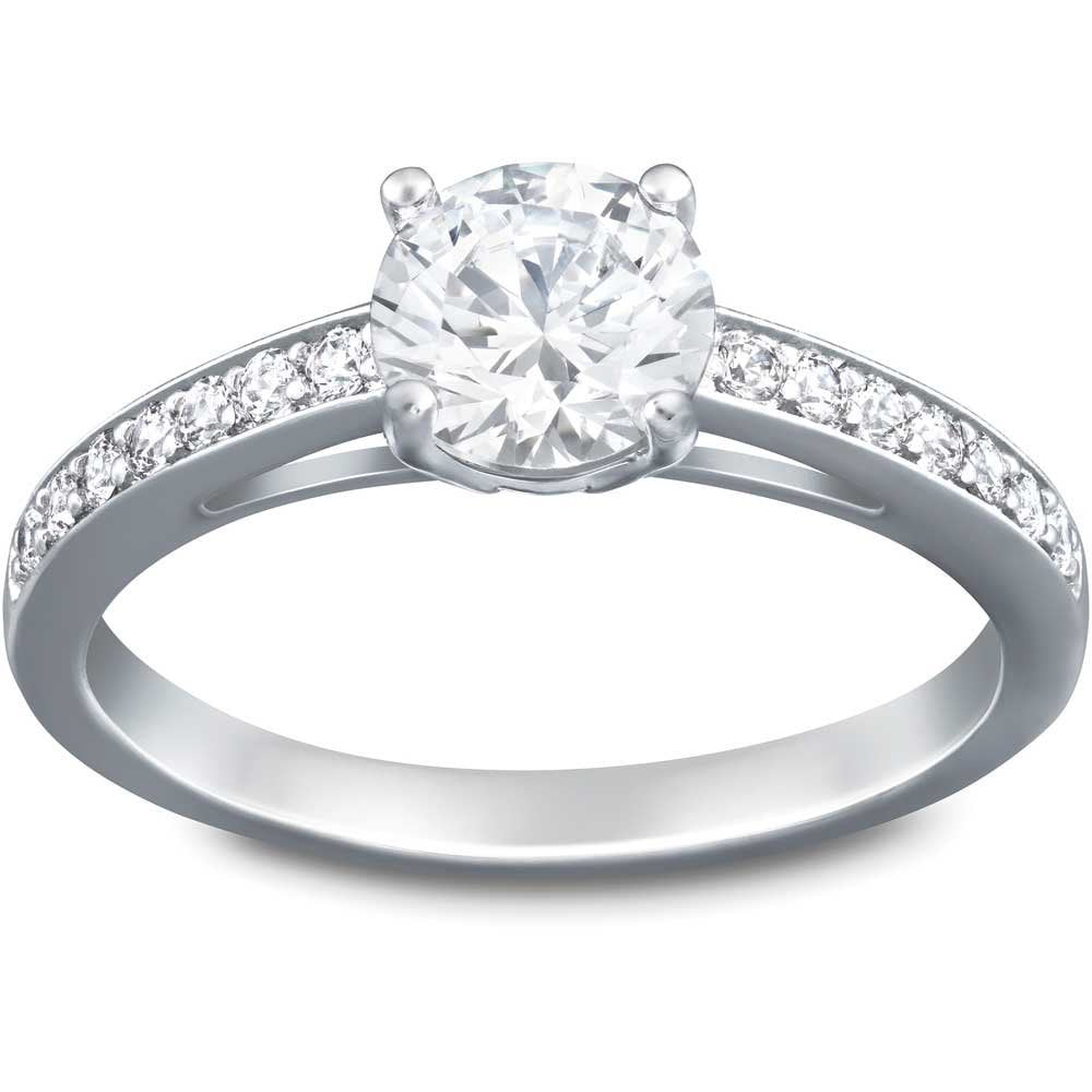 Swarovski Attract Ring, Round Clear Crystal Center Stone with Clear Crystal Pav on a Rhodium Plated Setting, Size 8