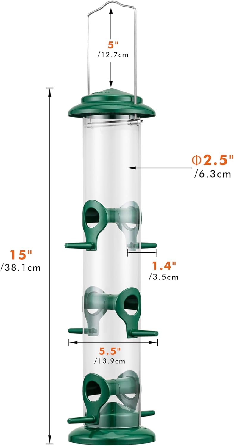 iBorn Metal Bird Feeders 6 Ports Hanging Wild Bird Seed Feeder for Mix Seed Blends, Niger Seed Feeder, Sunflower Heart, Birdbath, Heavy Duty All Metal Green Finishing 14 Inch 6Port