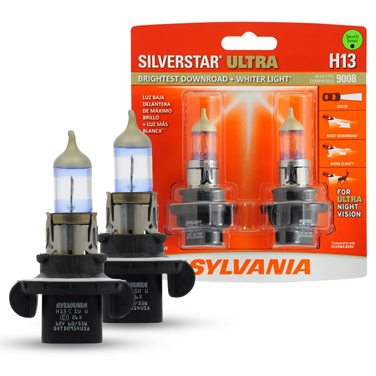 Sylvania - H13 Silverstar Ultra - High Performance Halogen Headlight Bulb High Beam Low Beam And Fog Replacement Bulb Brightest Downroad With Whiter Light Tri-Band Technology (Contains 2 Bulbs)