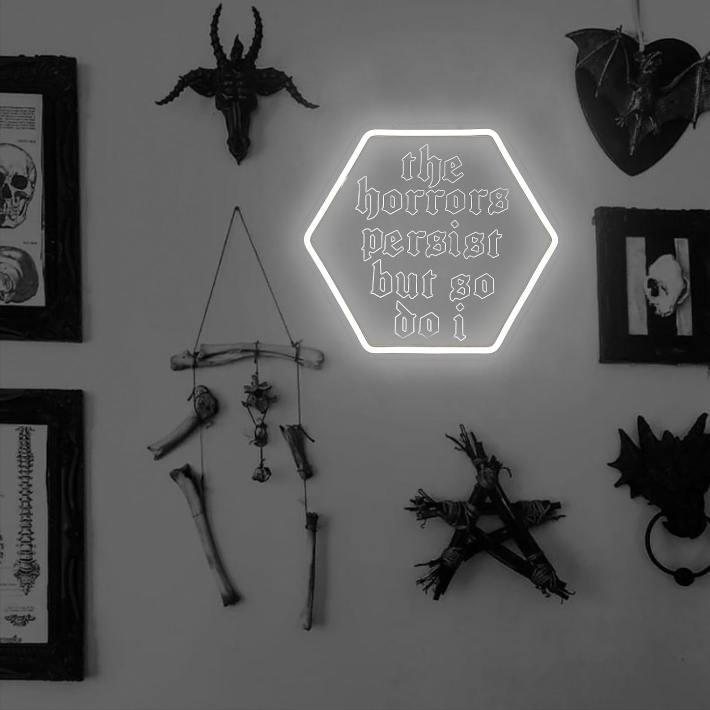 The Horrors Persist But So Do I Neon Sign For Wall Decor Gothic Led Sign Dimmable Inspirational Neon Light Up Signs For Bedroom Mental Health Wall Art Office Living Room Man Cave Dorm Halloween Gifts