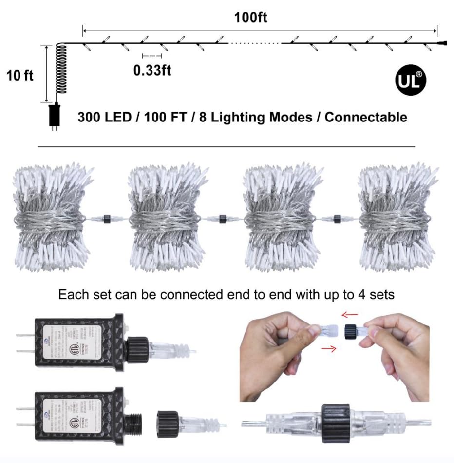 HRANBOTY 100 FT 300 LED String Lights, Cool White, 8 Modes, Connectable, Timer & Memory for Indoor/Outdoor Decor